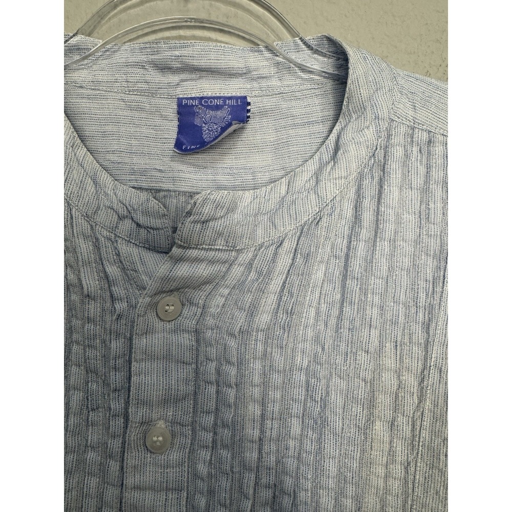 Pinecone Hill Linen Tunic Size L Pintuck Pleats Blue Band Collar Coastal Beachy - Picture 7 of 7